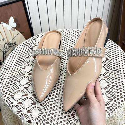 Inner Height Increase Small Rhinestone Bag Head Half Slippers Women's Spring and Summer New Outer Wear Pointed Nude Sandals