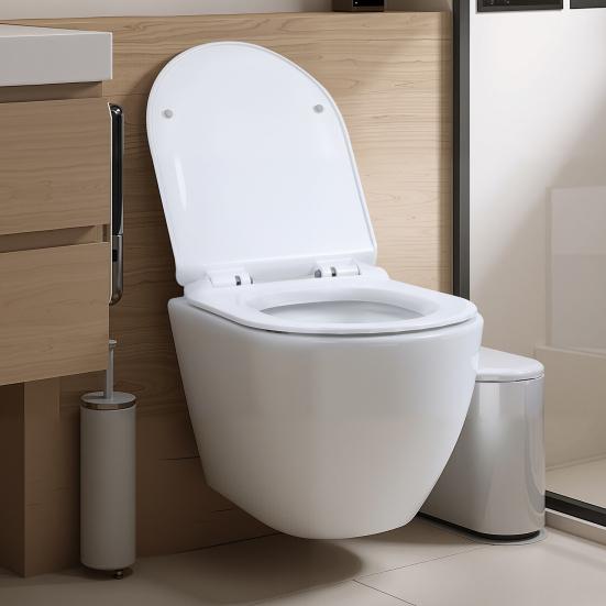 Rimless Wall Hung Toilet, Wall Mounted Toilet Bowl with Soft Closing Seat, Space Saving Round Floating Toilet with 360-degree Single Hole Super Swirl
