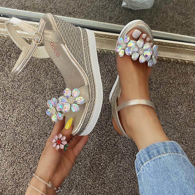 Rhinestone Muffin Wedge Heel Sandals Women's Summer New Beaded Flower Thick Sole One-word Buckle with High-heeled Sandals 3