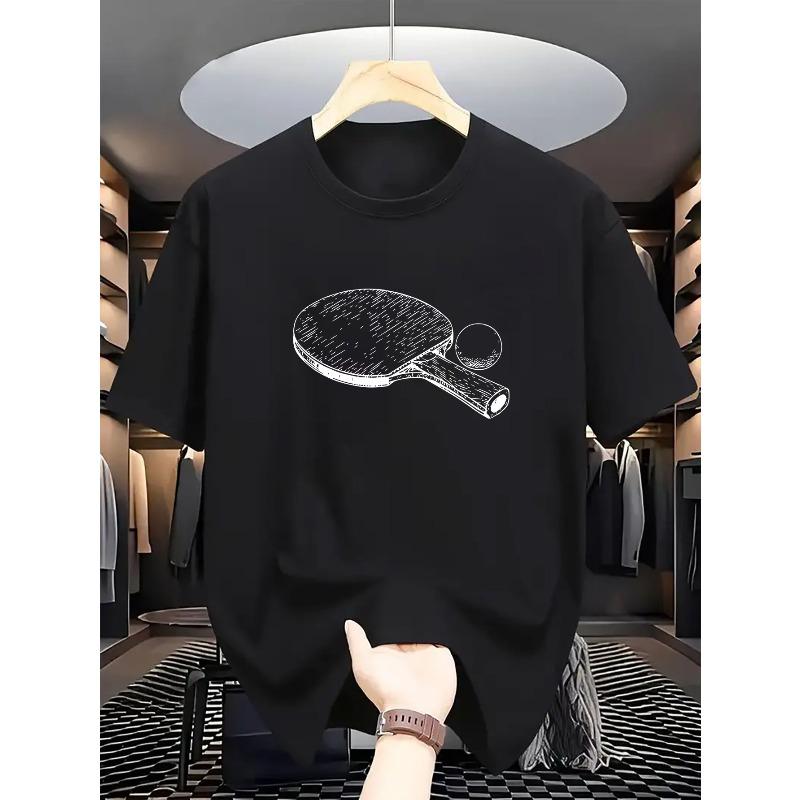 

European sizes Table Tennis Racket Pattern Printed Short Sleeve, Round Neck Short Sleeve T-Shirt, Lightweight Fashionable 4XL чорний