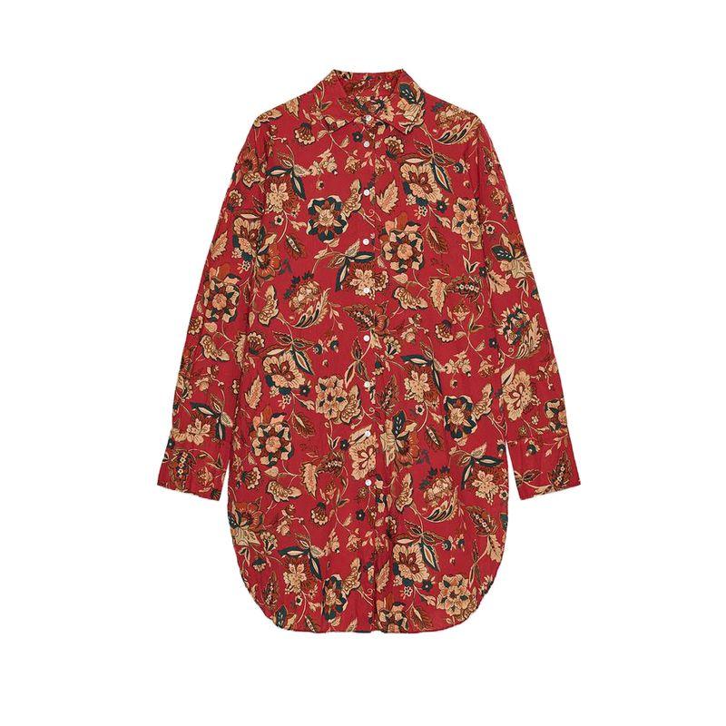 

Summer New Product Women s Clothes French Single-Breasted Circular Lower Hem Cotton Printed Lapel Long Shirt 3796544 Dark red L