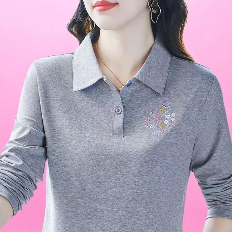 Summer Women Floral Embroidery Polo Long Sleeve Sport Shirt
