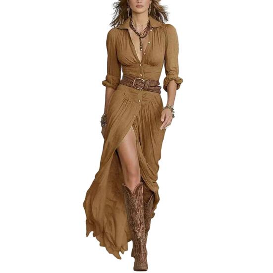 

Women s Boho Maxi Dress with Belt Button Down Deep V Neck Flowy Long Dress Vintage Long Sleeve High Slit Western Cowgirl Shirt Dress XXL