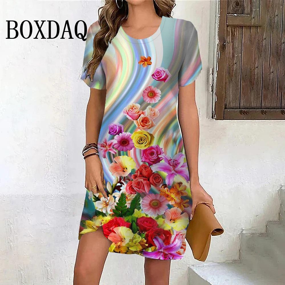 Rainbow Gradient Flower Dress Women s 3D Printing Short-sleeved Loose A-line Dress Summer Fashion Casual Sweet and Elegant Women s Dress S