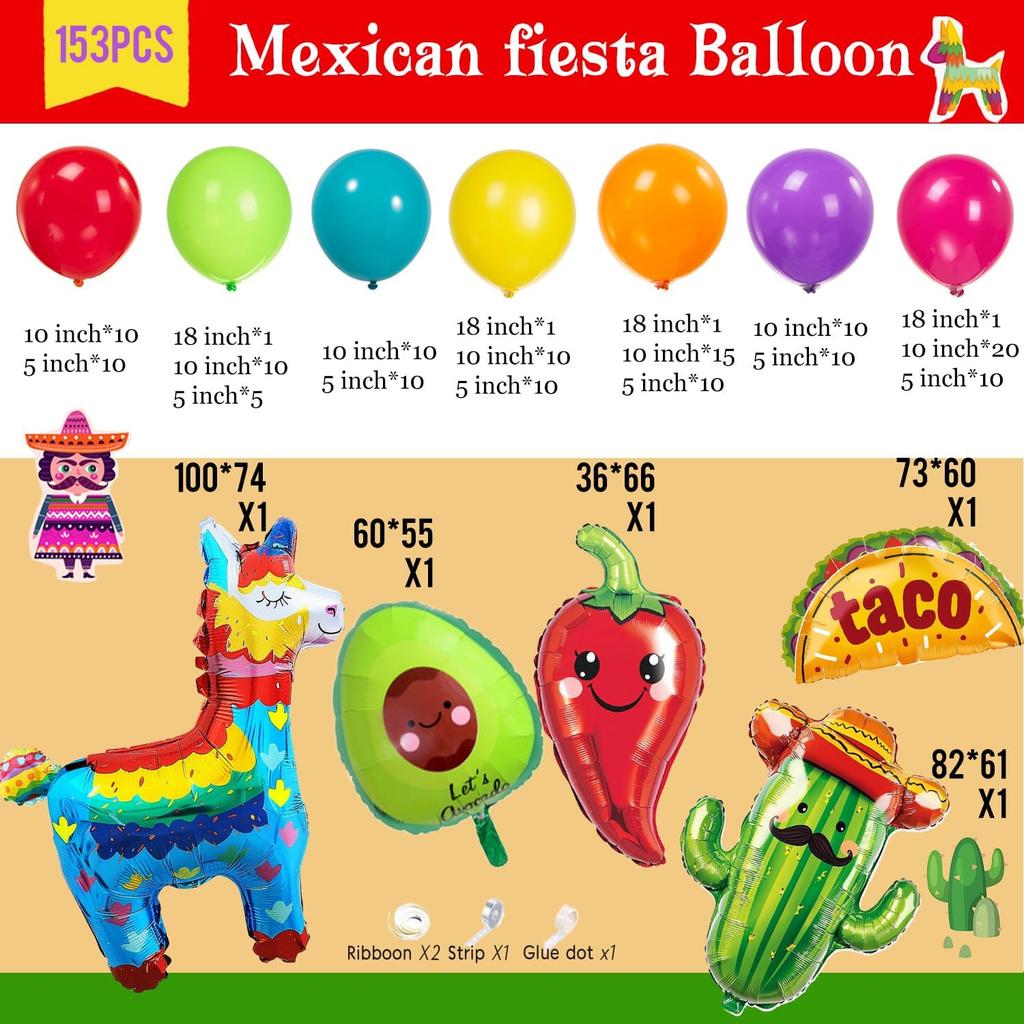Fiesta Themed Balloon Garland Kit 150pcs Mexican Fiesta Party Decorations Arch With Cactus Llama Taco Avocado Chili Pepper Mylar Balloons for