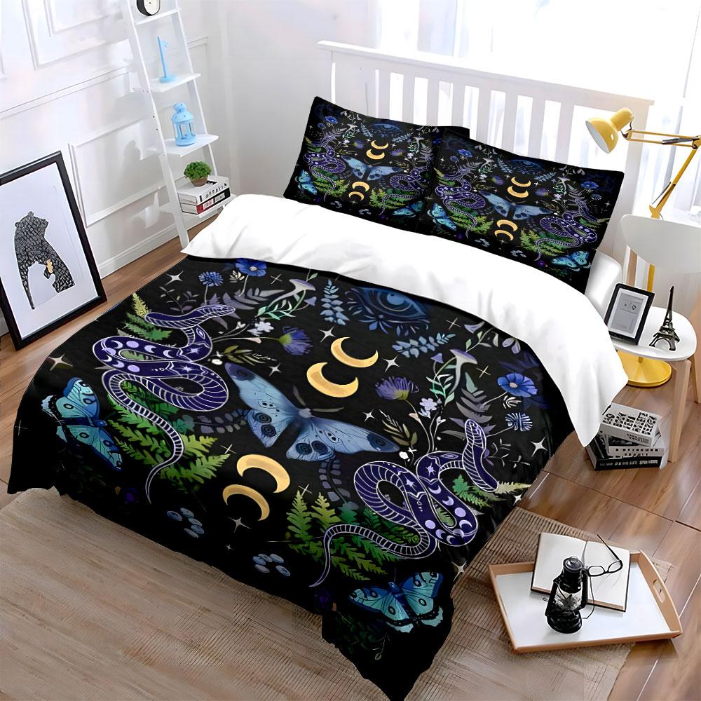 Mystic Snakes and Moon Motif Bedding Duvet Cover Set (1*Duvet Cover 2*Pillowcases, Without Duvet Insert)