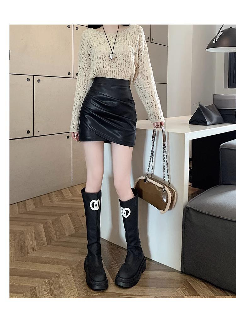 High-Waisted Black A-Line Irregular Leather Short Skirt for Women, Spring/Winter 2026