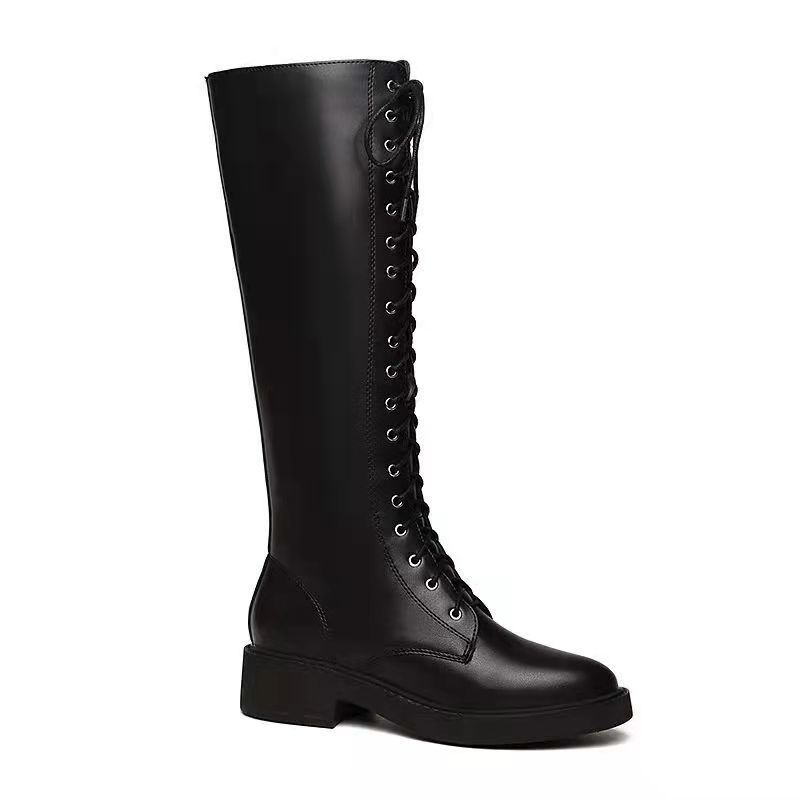 

Туфли женские с круглым носком, длинные, на шнуровке, со шнурками, зимние, до колена, высокие, байкерские, черные, женские, мода 2024 года, качество 40