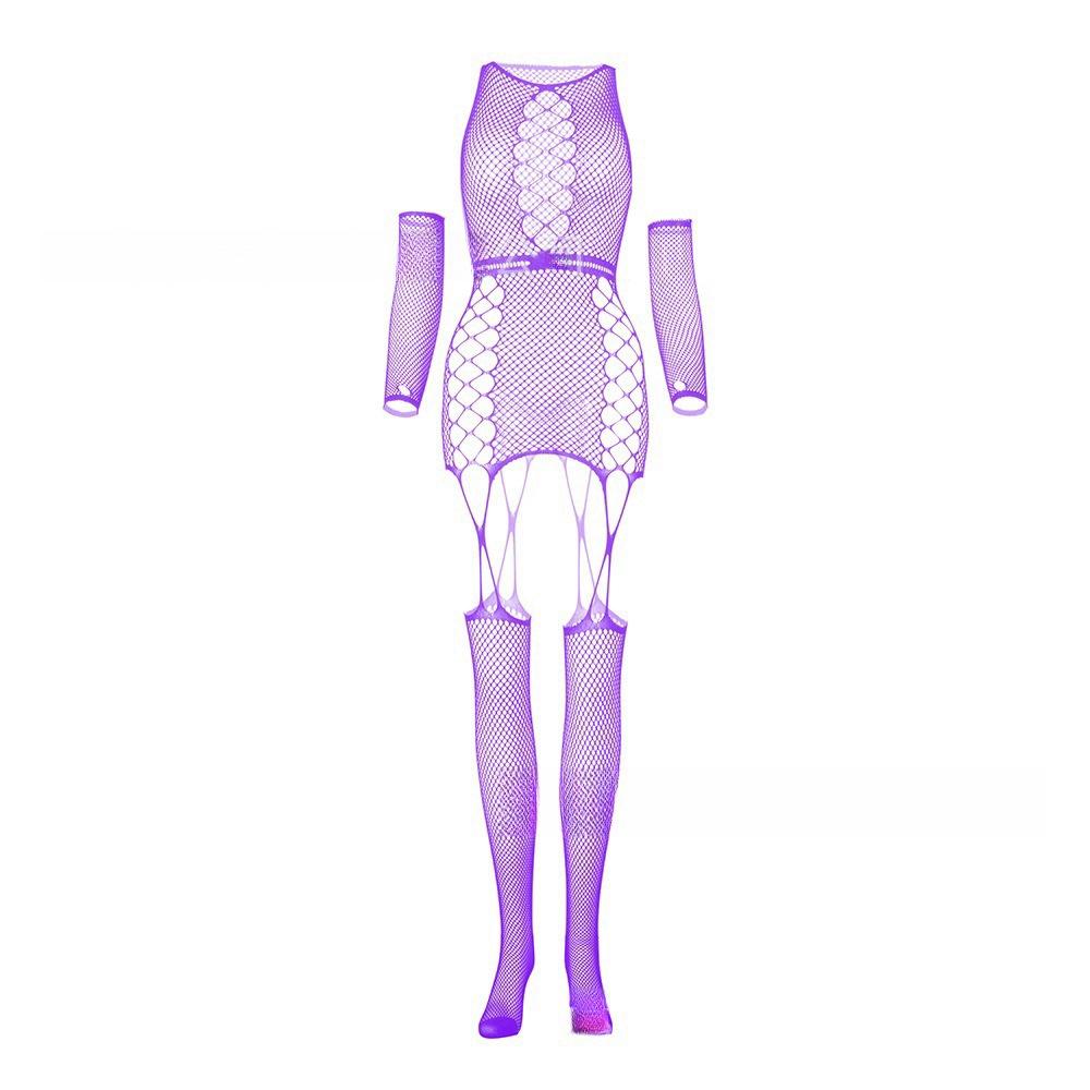 Ensemble deux pièces en résille pour femmes, body ajouré, Lingerie avec manches longues, gants longs, vêtements en filet