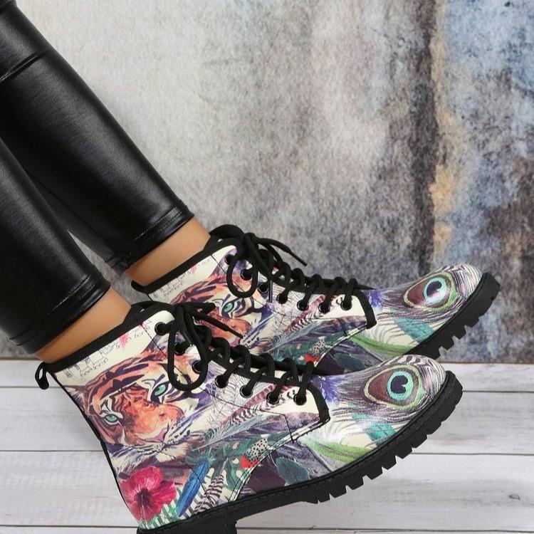 European and American Large Size Lace-up Thick Heel Bank Short Boots Women's Autumn Round Head British Fashion Martin Boots Leather Boots