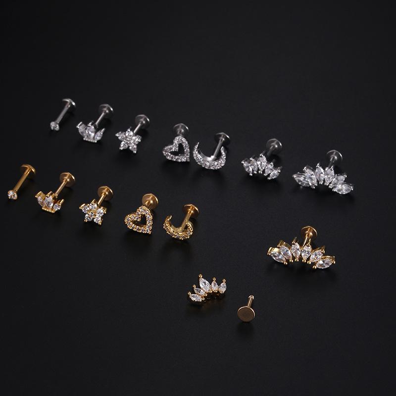 Zircon Heart & Flower Stainless Steel Labret Stud for Ear Cartilage Piercing