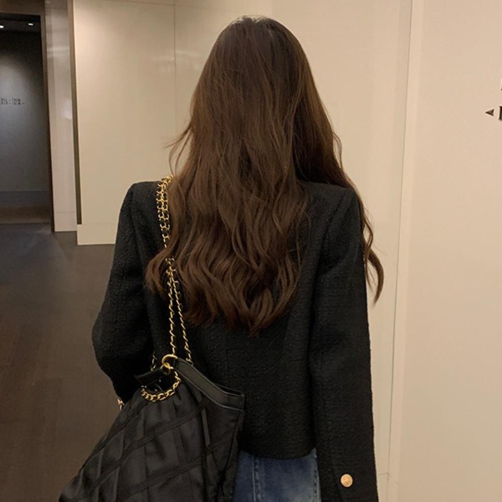 Slim Tweed Cropped Jacket Long Sleeve Elegant Short Coats Woman Vintage Outerwear  Spring Autumn