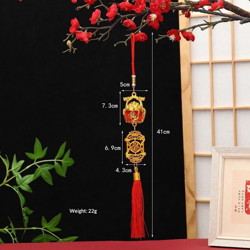 Lunar New Year Lucky Hanging Ornament with Red Tassel Golden Charm Festive Portable Decor for Travel Hotel Room Spring Festival