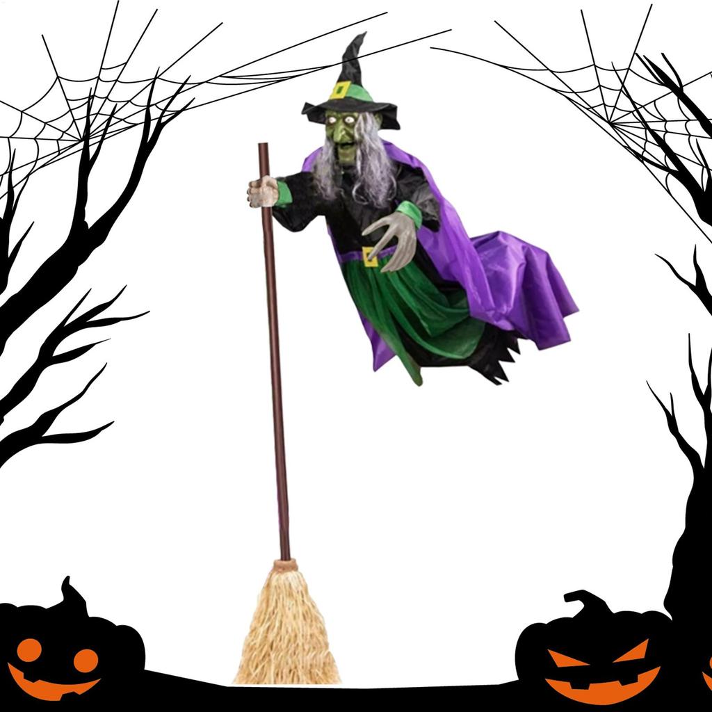 Halloween Props Hovering Witch Lights Prop Fun Costumes Flying Scary Witch Broom Wizard Decor for Garden Yard Lawn Indoor