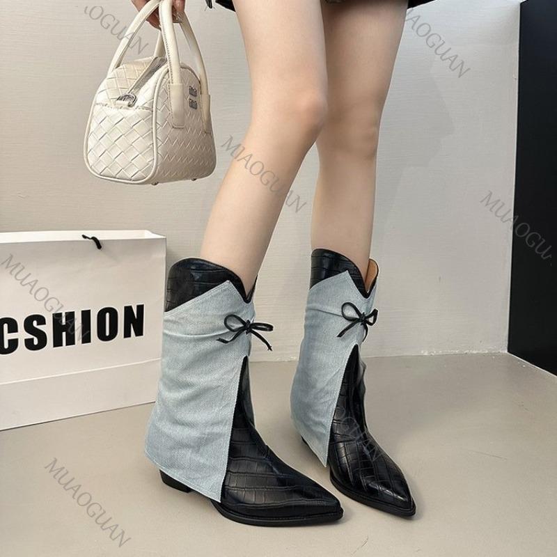 Fashion Fashion Pointed Toe Western Cowboy Boots for Women Colorblocking Chunky Heeled Female Mid-calf Boots Vintage Short Botas Shoes