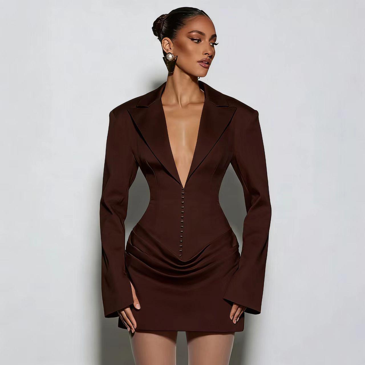 

European & American Women s Autumn/Winter Deep V-Neck Pleated Waist Slimming Lapel Dress Large темно-коричневого кольору