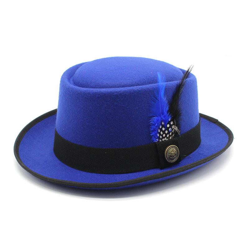 Men'S And Women'S Woolen Top Hats, Bowler Woolen Top Hats, Gentleman'S Jazz Hats, Black And Blue Feathers Czy-224