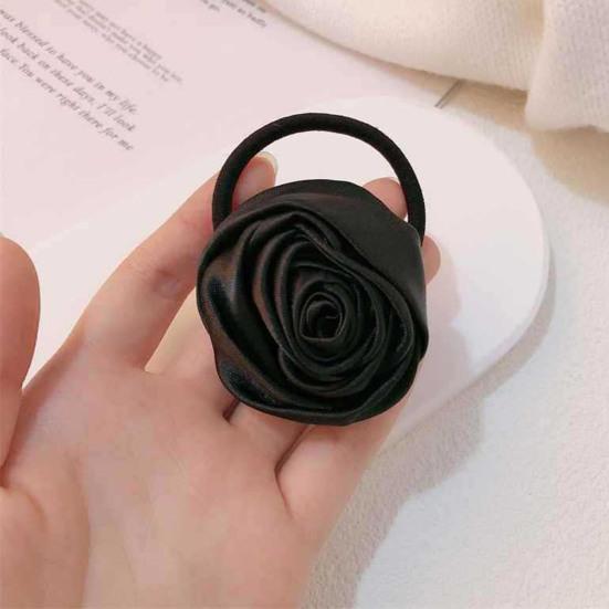 Hair Tie French Style Glossy Satin Rose Flower Decor Handcrafted 3D Petal Design Hair Rope Soft Smooth Fabric Hair Accessory
