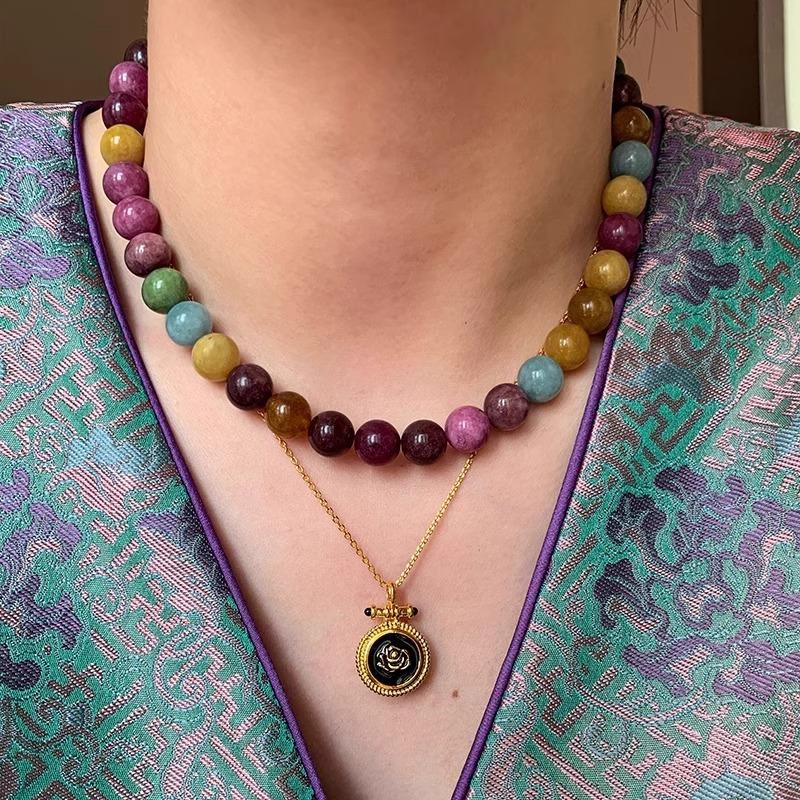 Tourmaline Necklace - Colorful Dopamine Natural Stone Bead Collar Chain - Elegant Neck Chain
