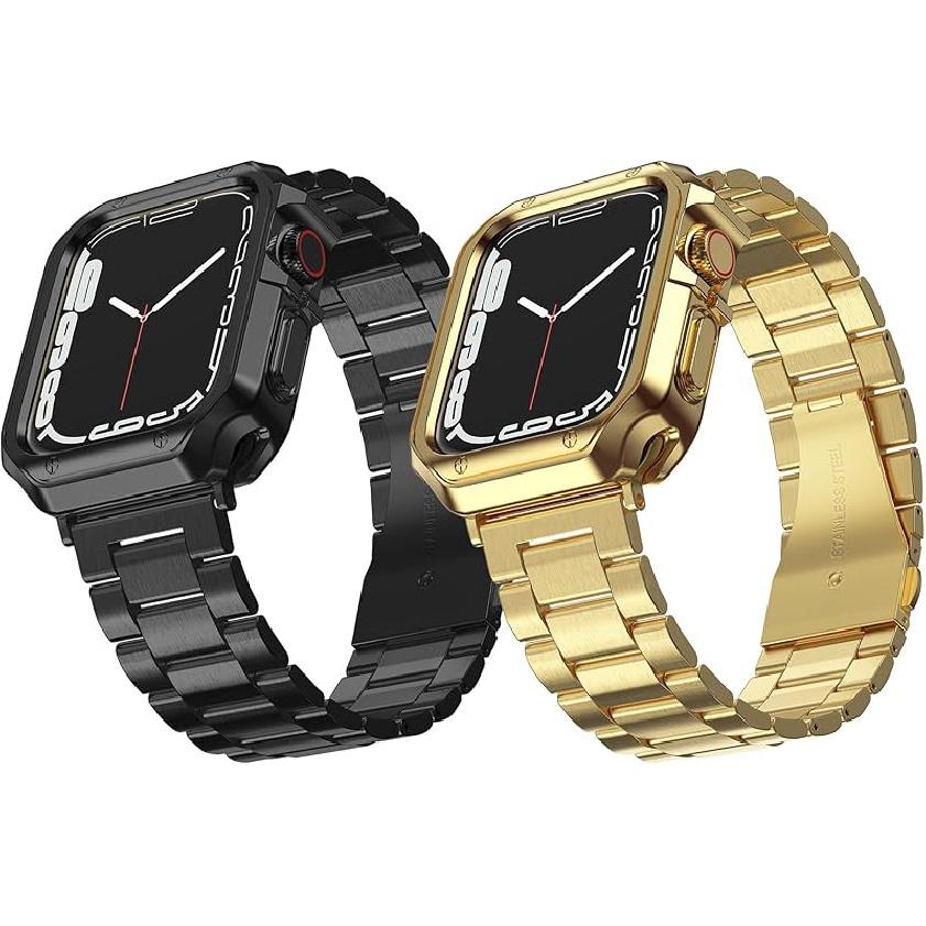 MRYUESG 2 Pack Designed for Apple Watch Band, Wrist-Band for i-Watch Series 9 8 7 6 5 4 3 2 1 SE, Stainless Steel Metal Chain with TPU Cover Case, 41/40/38mm