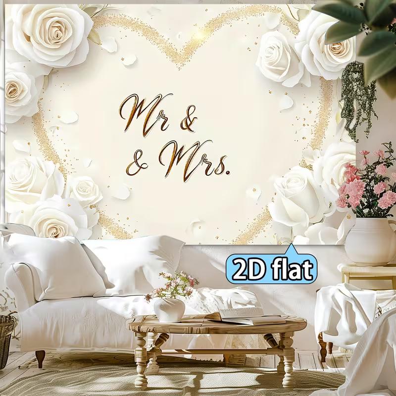 2D Flat Printing Mr & Mrs White Rose Background Cloth for Wedding