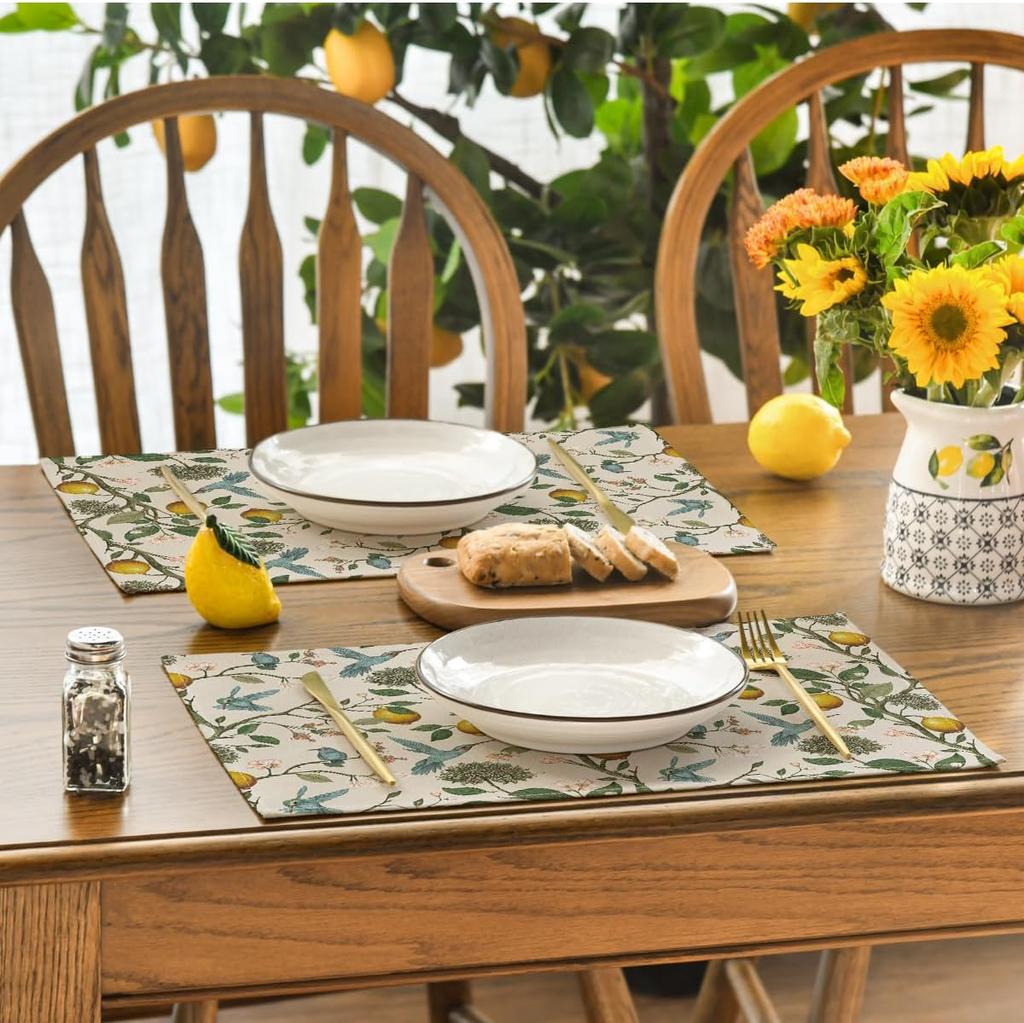 Brown Lemon Tree Bird Flower Summer Placemats Set of 4,12x18 Inch Seasonal Spring Table Mats for Party Kitchen Dining Decoration