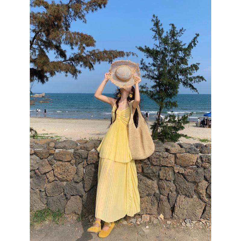 Kumikumi Holiday Style Fake Two Pieces Pleat Sling One piece Dress Women clothing Summer Loose Pleated Large Swing Skirt Long dress