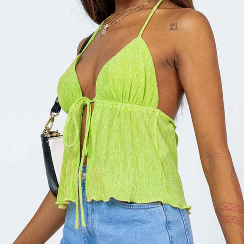 Dámské crop topy s halterneckem Letní jednobarevné bandážové s otevřeným předním dílem Bez zad Bez rukávů Zelené topy y2k Streetwear