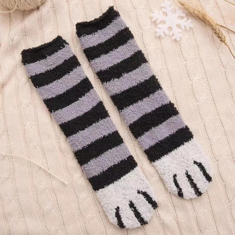 Women Socks Mid Calf Winter Coral Fleece Cute Cat Paw Thickened Half Fleece House Slippers Plush Home Sleep Socks for Women