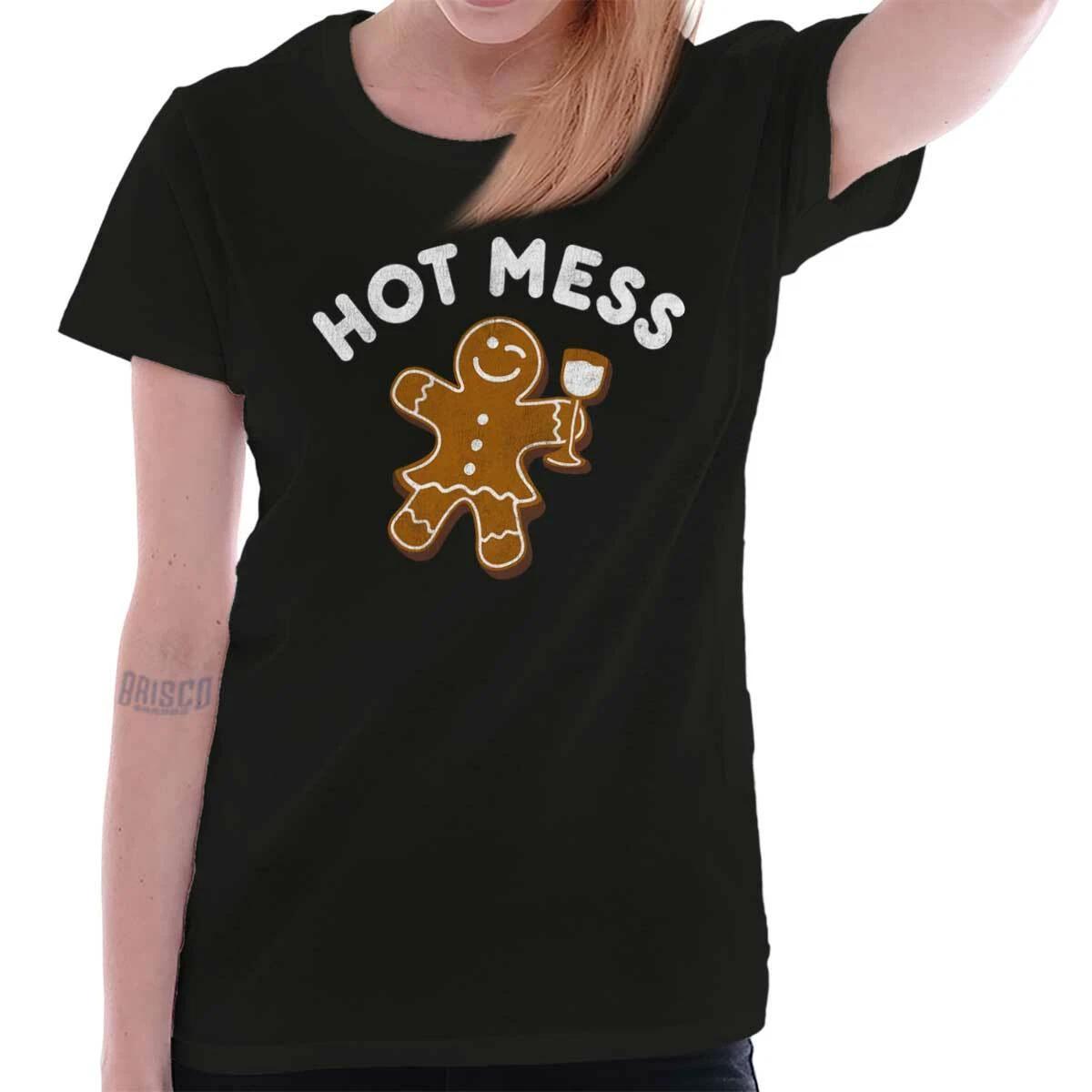 Funny Christmas Gingerbread Wino Hot Mess Womens Top Junior Graphic Tee XS