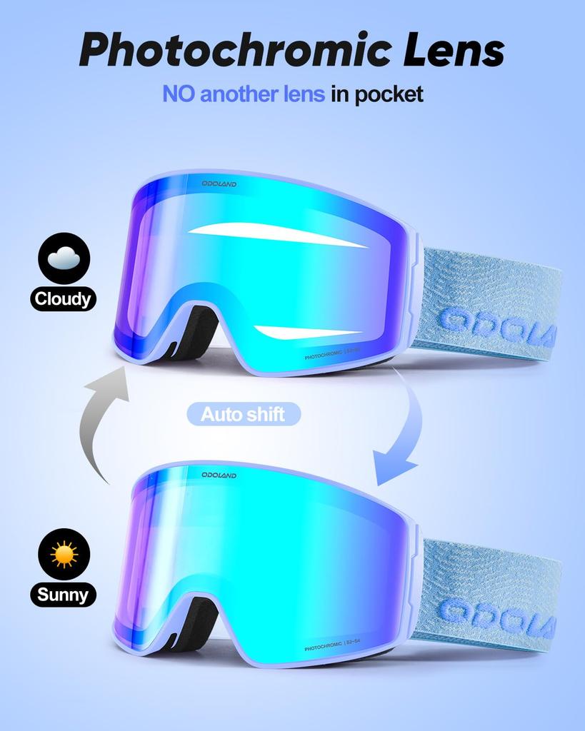 Odoland Photochrome Schneebrille mit Spiegel OTG Brille UV400 Automatisch Stoßfest Erwachsenengröße Farbwechselnde Gläser, Beschlagschutz, Kompatibel, Schutz,
