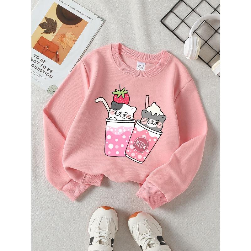 European sizes Girls Soft Crewneck Sweatshirt Cute Cat Strawberry Milk Tea Print, Casual All-Match, Ideal Holiday Present