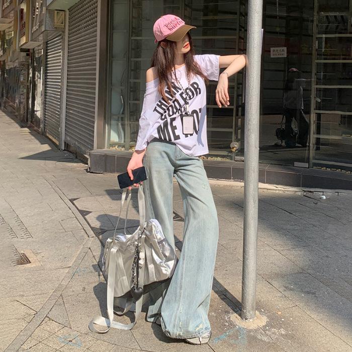 

Ленивые рваные джинсы для женщин Весенние свободные джинсы средней талии с широкими штанинами для женщин Широкие джинсы для женщин Рваные джинсы для женщин Похудение XL