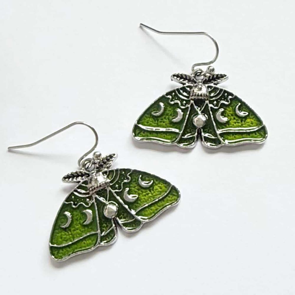 Gothic Retro Green Moth-shaped Moon Sun Carved Pattern Stud Earrings for Men Women Halloween Party Punk Personality Jewelry Gift