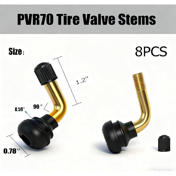 Tubeless Tire Valve Stem PVR70 8PCS Brass Stems Bent 90 Degree Angled Snap-In Black Rubber Base For Motorcycle Scooter ATV Go Kart Fits Tubeless Tire