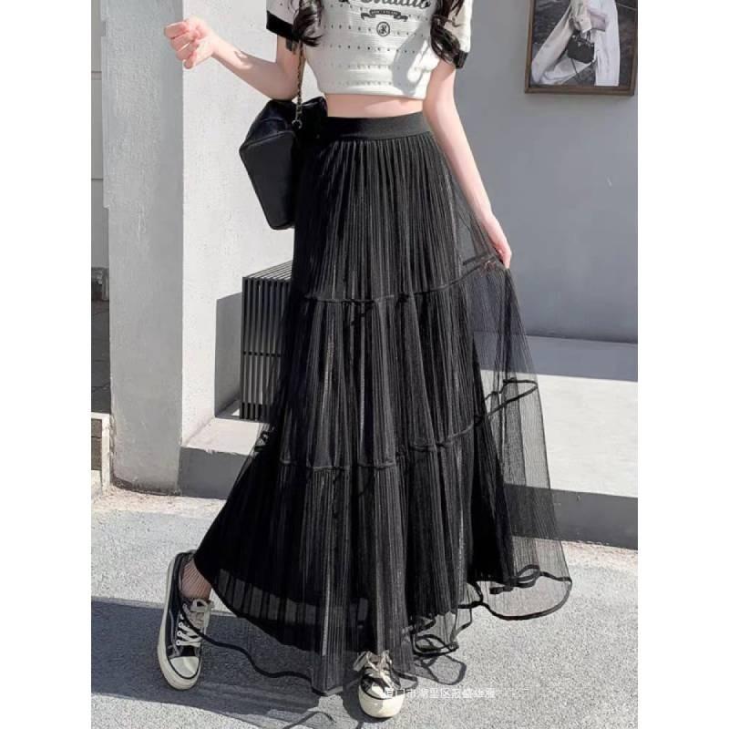 Gonna Lunga in Rete di Misto Cotone con Pieghe per l'Estate Casual da Donna