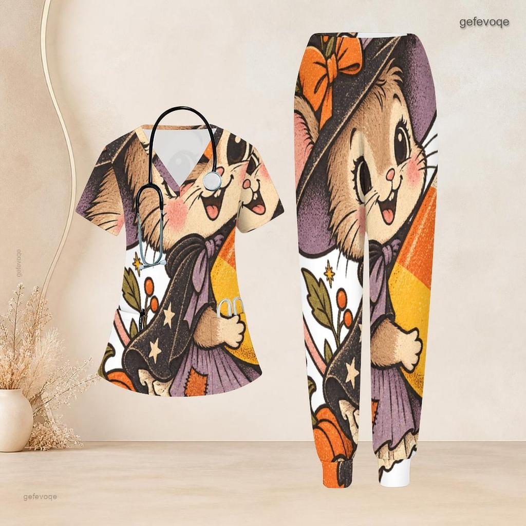 Women Plus Size V Neck Short Sleeve Scrub Set Thanksgiving Turkey Pumpkin Pie Print Nurse Uniform Set