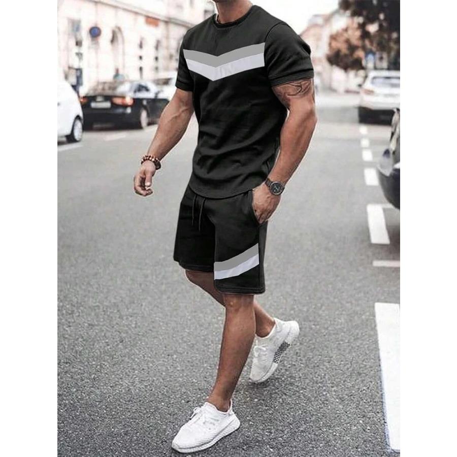 Plus Size Gradient Color Short Sleeve Shorts Set Men's Sports T-shirt Drawstring Shorts 2-piece Set Breathable T Shirt For Man