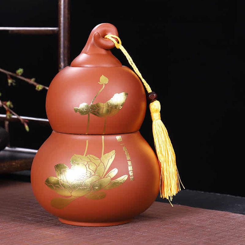 Gourd Shaped Double-layer Tea Caddy Ceramic Tea Storage Tank Non Woven Cover Sealed Tea Can Porcelain Ornaments Nut Storage Pot