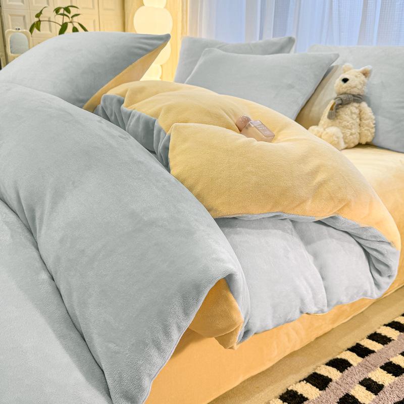 Thickened Milk Fleece Solid Color Contrasting Color Double-Spell Four-Piece Set