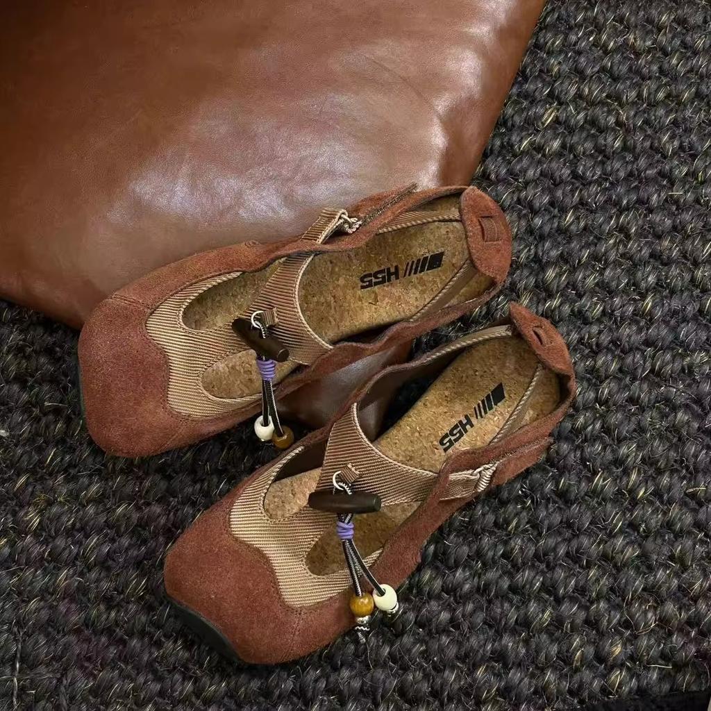 Cowhide version~ Thick sole inner height increase retro casual square head shoes women's one-pedal shallow mouth Mary Jane sandals 