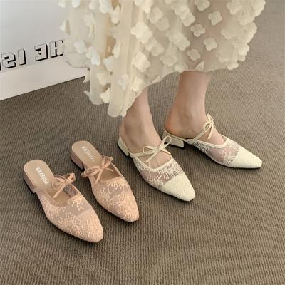 Lace Square Head Bow High Heels Women's Outer Wear Bag Head Half Slippers Niche Light Mouth Cool Slippers