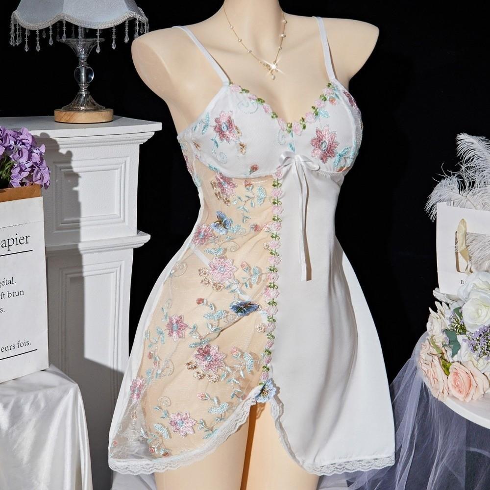 Embroidered Women's Pajama Dress Thin Lace Bow Slim Sling Nightgown  Party Club