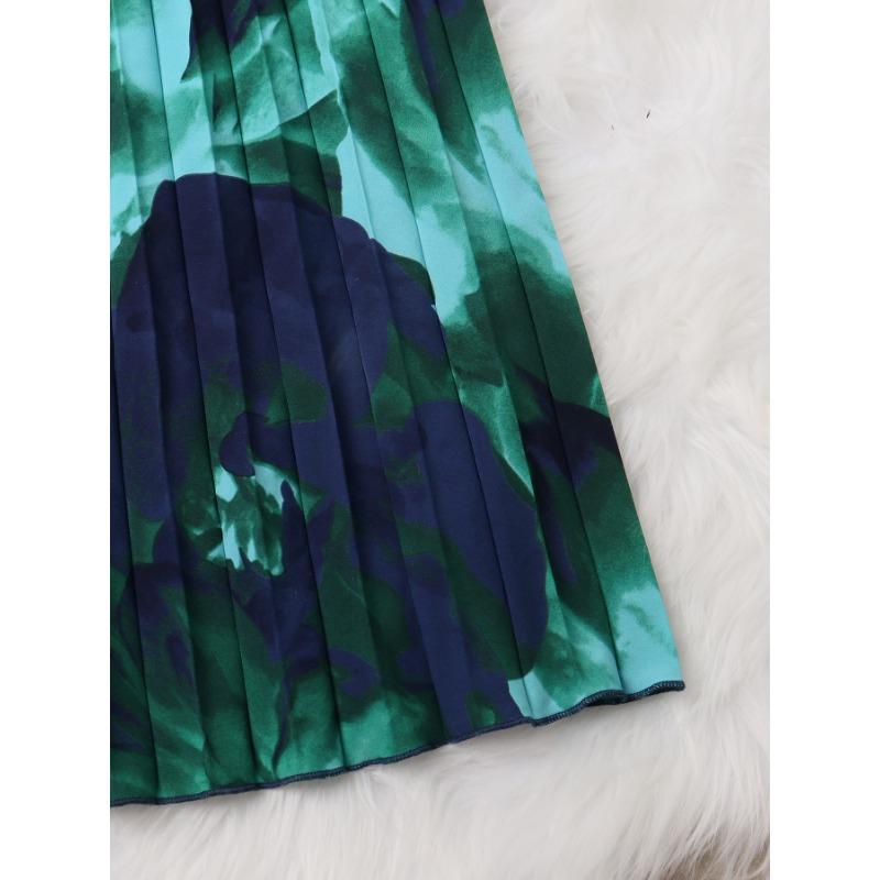 Women's Summer Wooden Ear Edge Patchwork Belt Buckle Decorative Pleated Waist Tie-dye Vintage Print Dress