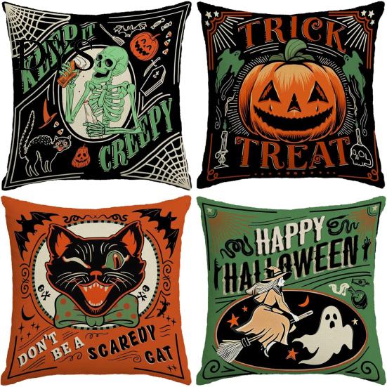 Ghost Print Throw Pillow Covers Halloween Cushion Cover, Retro Pumpkin Case, 18x18 Party Room Decor Inch Washable Cover for Sofa Couch Bed Breathable