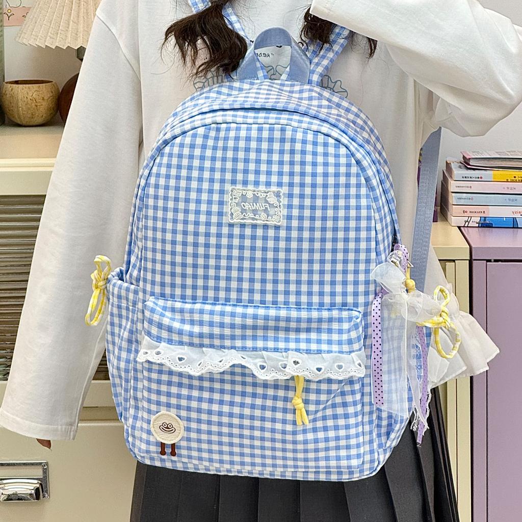 Schoolbag high-value plaid schoolbag women's new lace girl heart backpack Japanese sweet student travel backpack