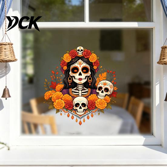 Waterproof PVC Window Murals Day of The Dead Clings, Dia De Los Muertos Sticker, Colorful Removable Holiday Glass Clings Sugar Skull with Flowers