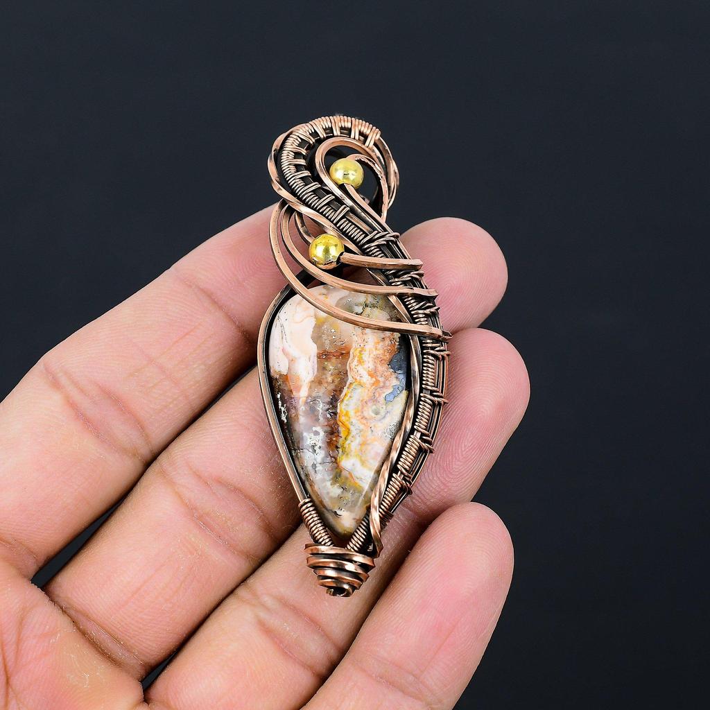 Crazy Lace Agate Gemstone Pure Copper Wire Wrapped Handmade Pendant Jewelry For Gift