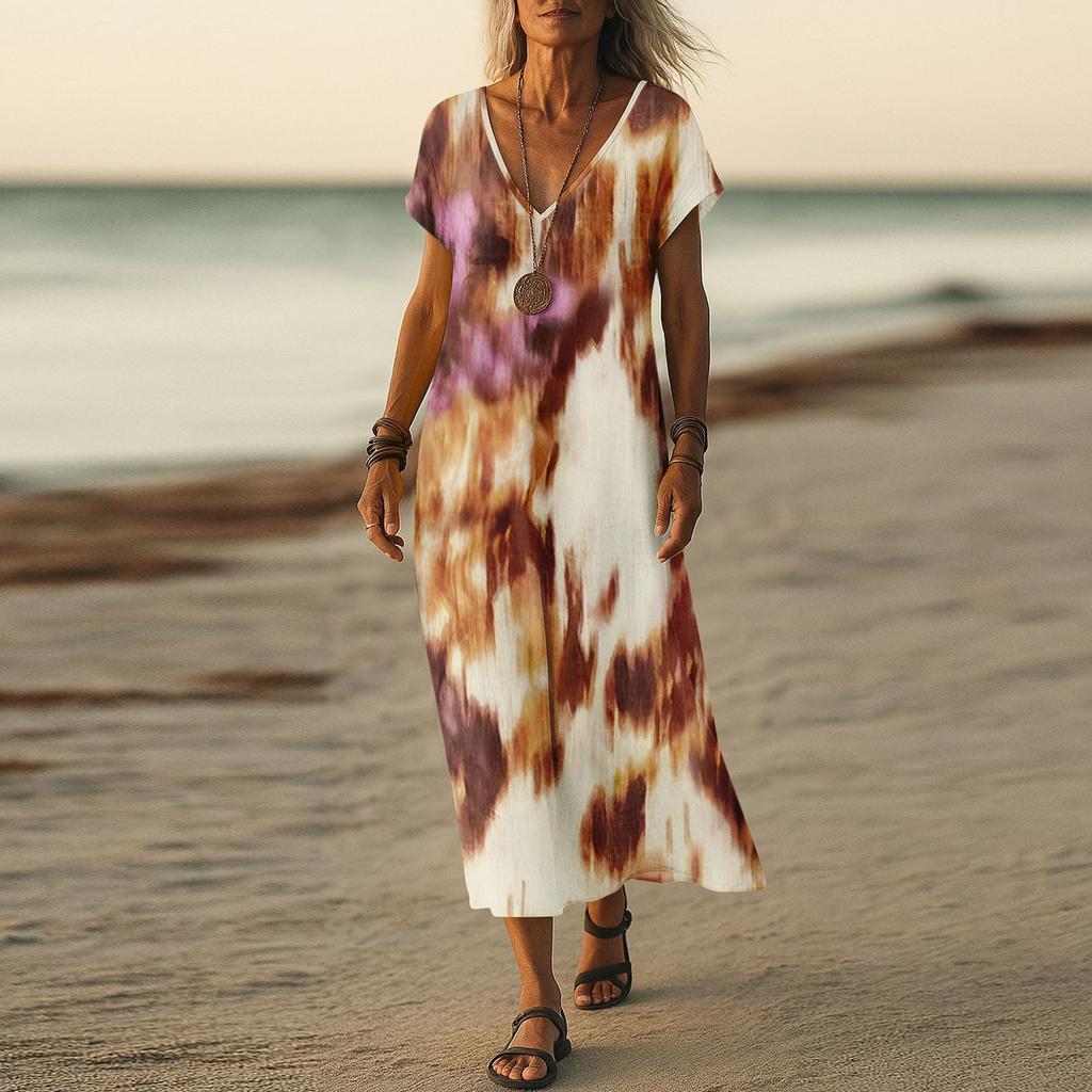 Summer Dress Women's Long Boho Beach Dress Elegant Maxi Dress V-Neck Short Sleeve Summer Tunic Dress Light Airy
