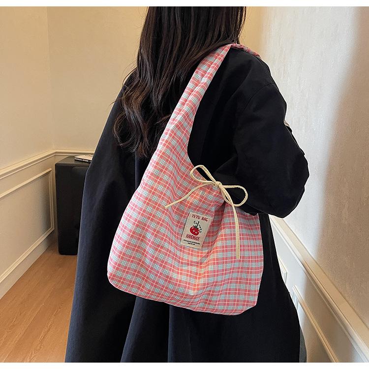 Japanese Style Chic Gingham Checkered Tote Bag Large Capacity Canvas Shoulder Bag for Women
